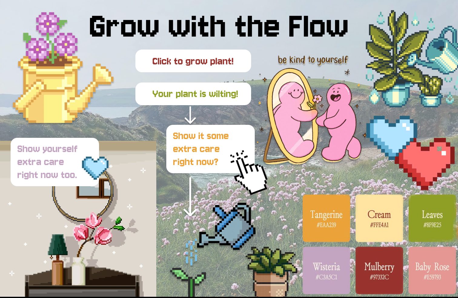 Mood board showing the game interface with side-by-side plant care and mental health screens, plus color swatches