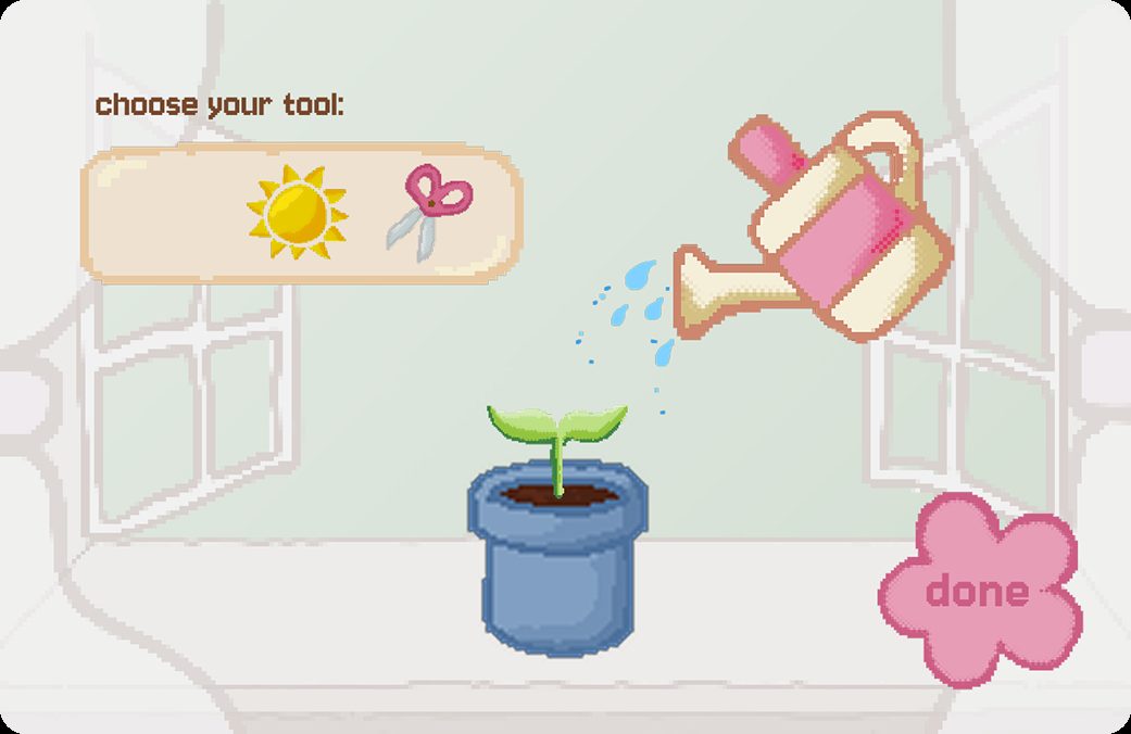 Game screen showing a tool selection menu — watering can is selected, actively watering the plant