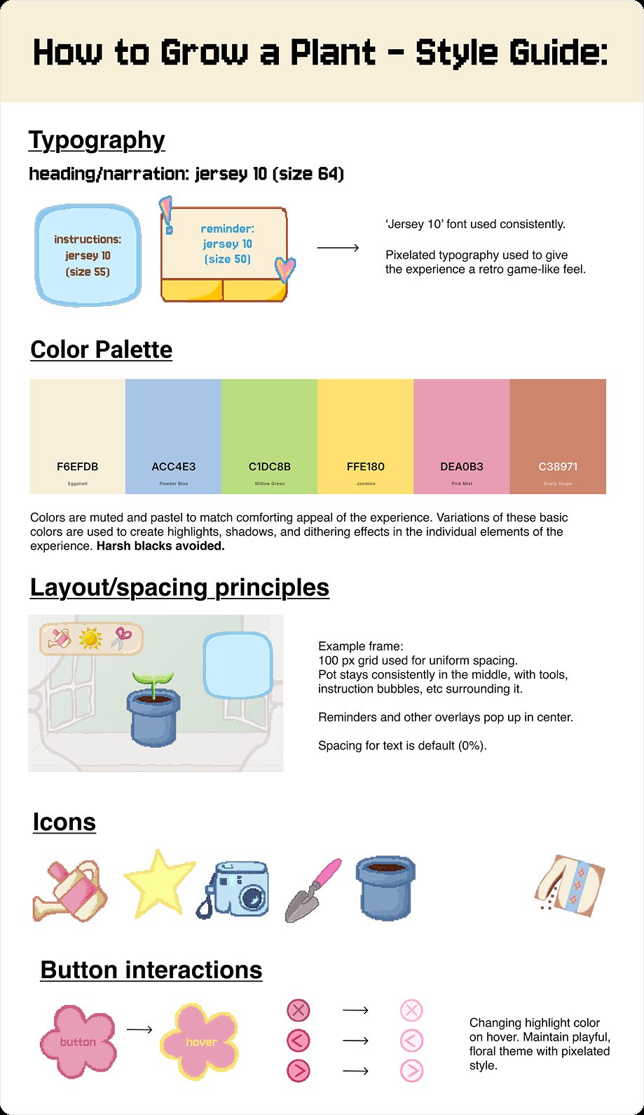 Grow with the Flow team style guide — typography, color palette, layout principles, icon set, and button interaction states