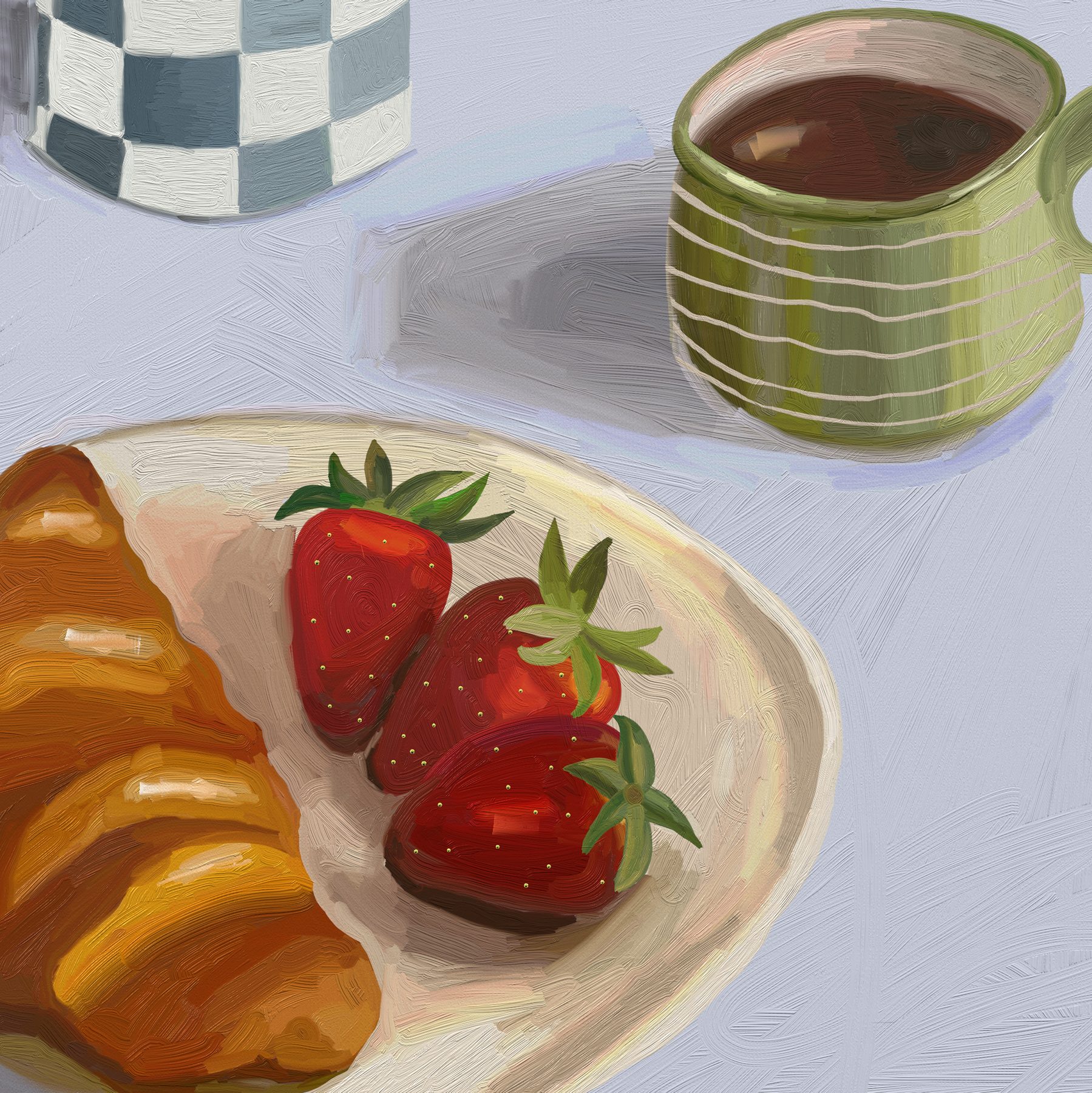 Digital painting of a breakfast spread with croissants and strawberries