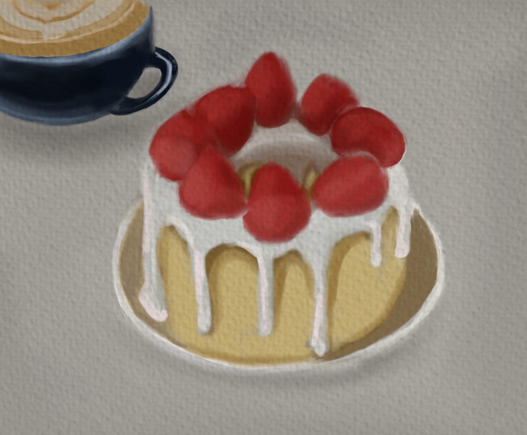 Digital painting of a strawberry cake with coffee