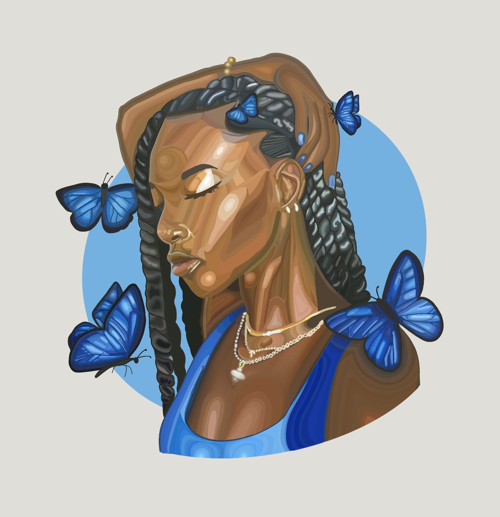 Digital portrait with blue butterflies